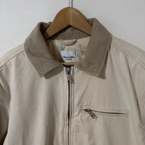 Abercrombie Crop Twill Workwear Jacket Cream Gray Corduroy Collar Streetwear-XL